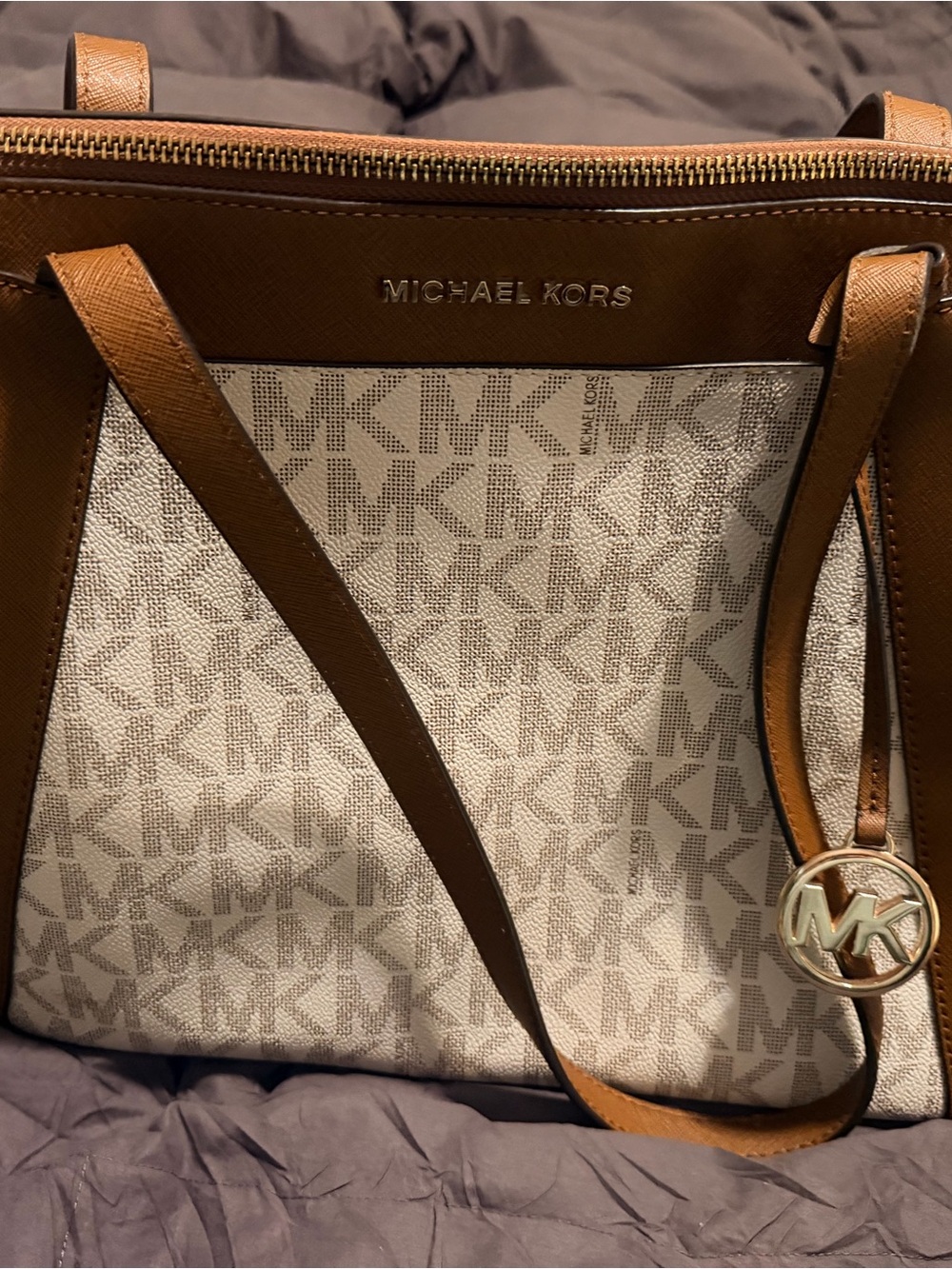 Michael Kors Cream and Brown MK Logo Tote
